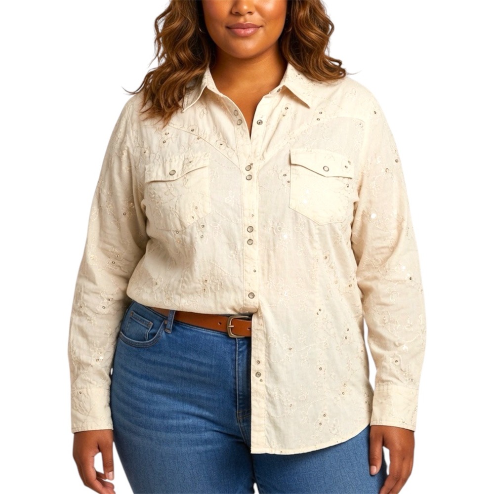 Roper 1X Cream Embroidered Sequin Western Pearl Snap Shirt 100% Cotton Plus